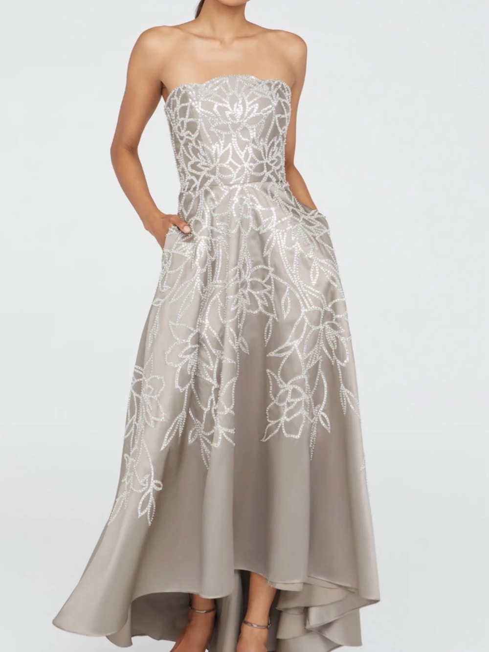 Theia Strapless Taupe Pamela Gown with Crystal Beaded Floral Lace $1295